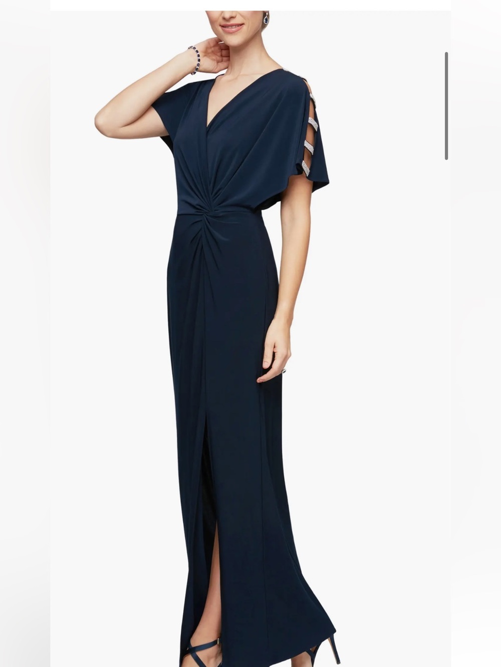 Alex Evenings Navy Maxi Dress with Rhinestone Shoulder Accents